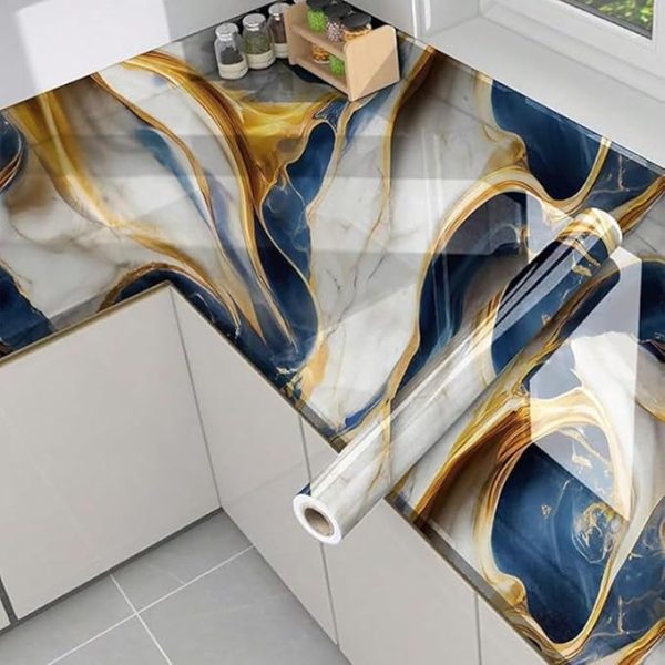 Dark Blue Gold Marble Design Waterproof Oil Proof Spot Self Adhesive Pvc Shelf wallpaper